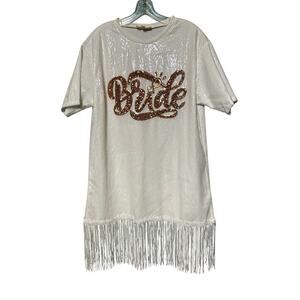 Sparkle Tallahassee White Fringe Shirt Dress BRIDE in Gold Sequins Allover